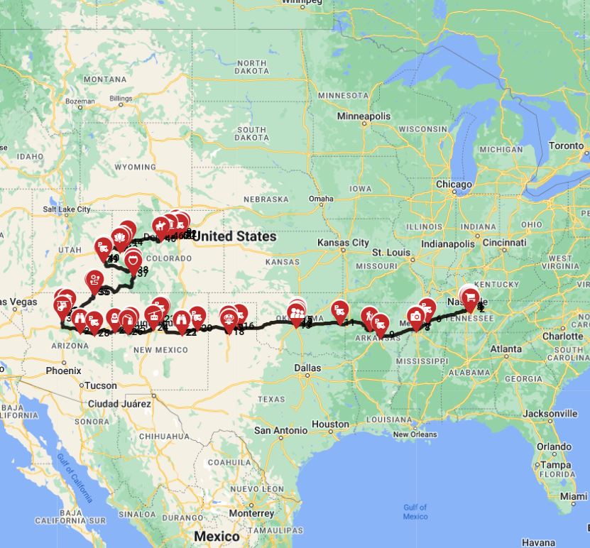 RV route planner for a motorhome trip from Nashville to Denver